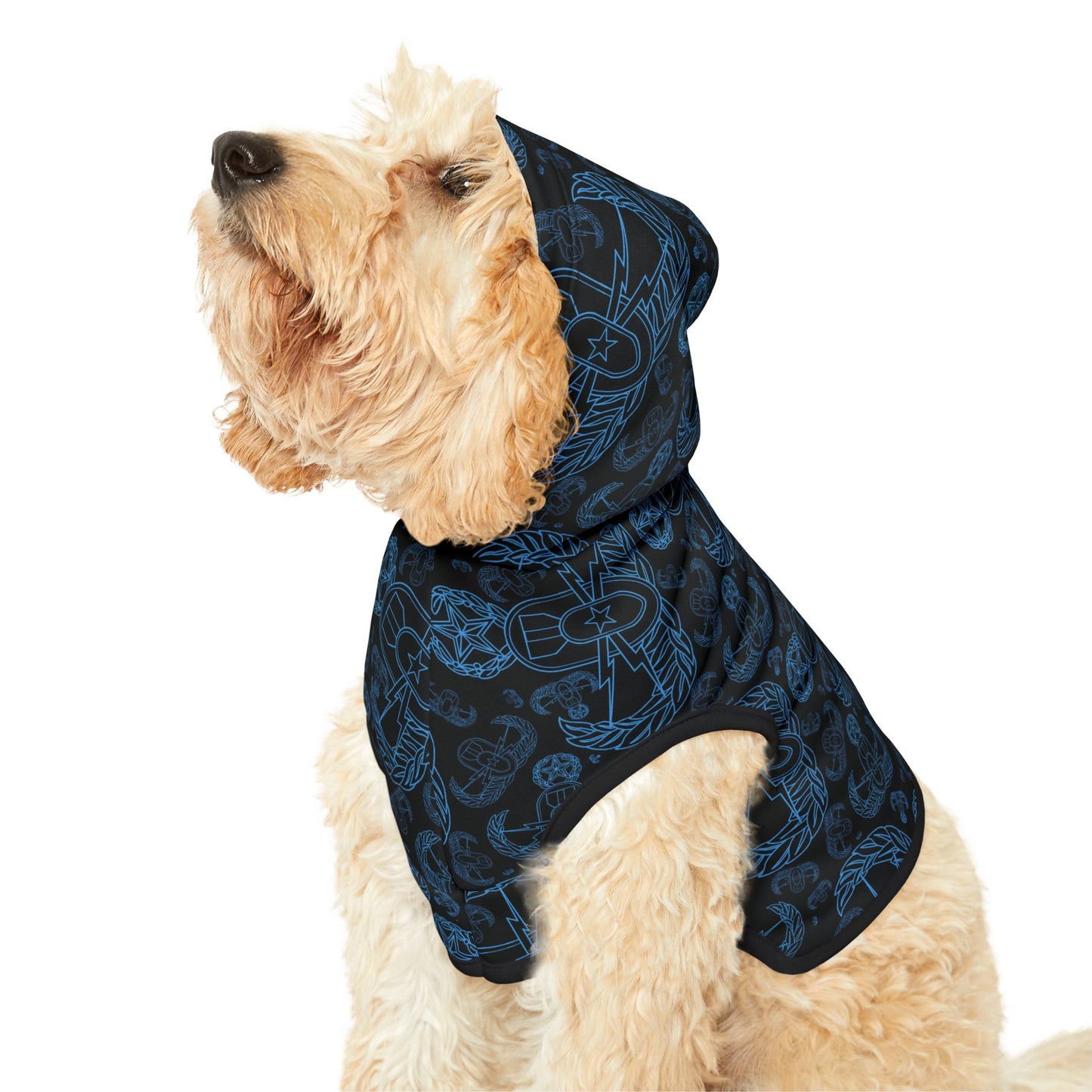 Pet Hoodie — "EOD Mixed Badges" (Blue on Black)