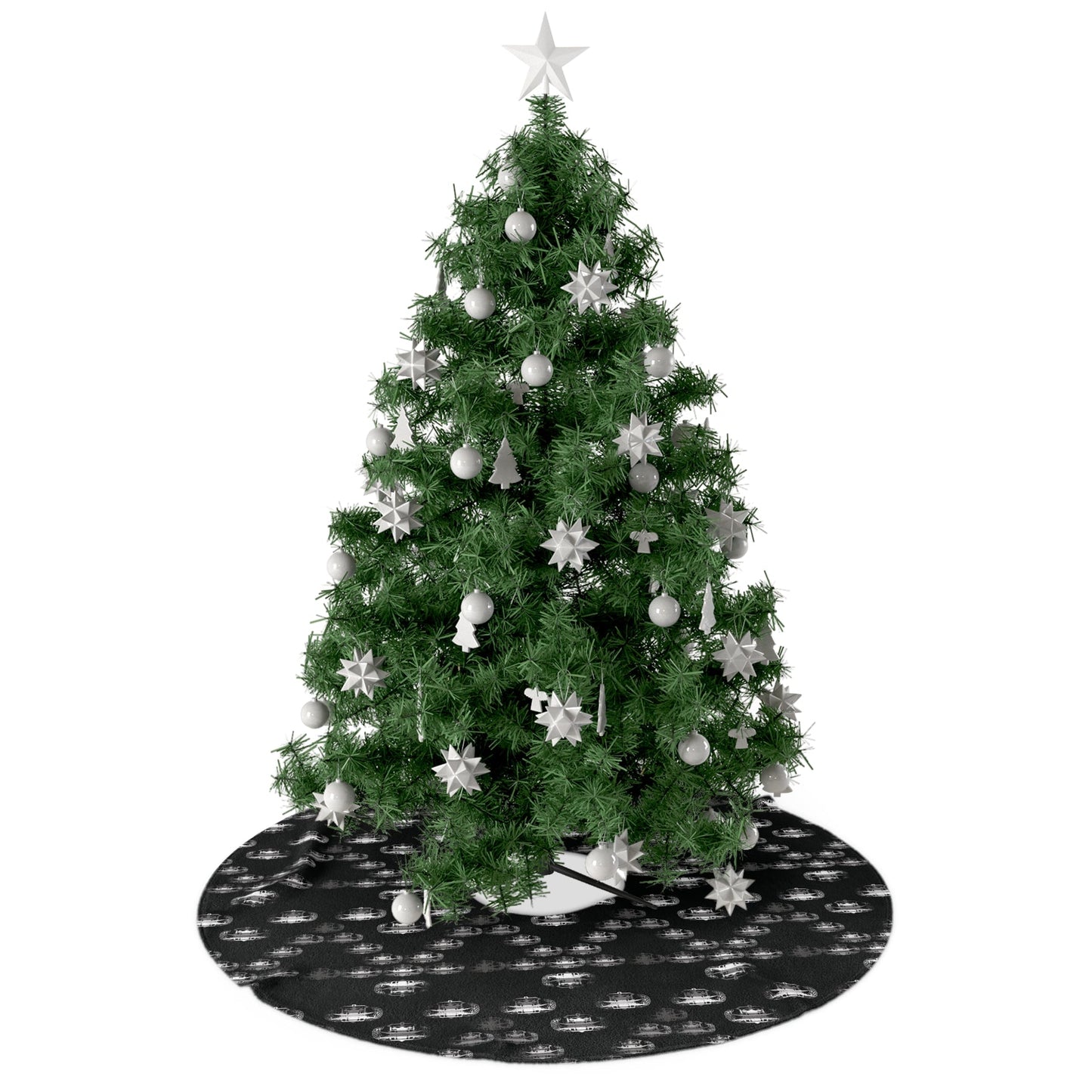 Decorated Christmas tree with white ornaments on a white background
