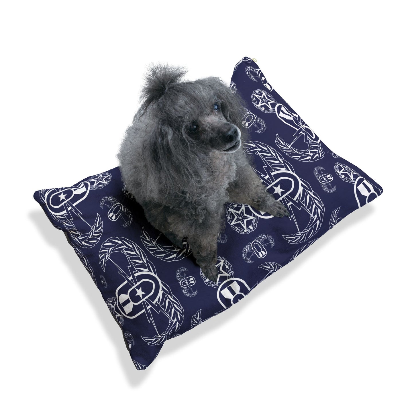 Pet Bed — "EOD Badges x 3" (White on Blue)