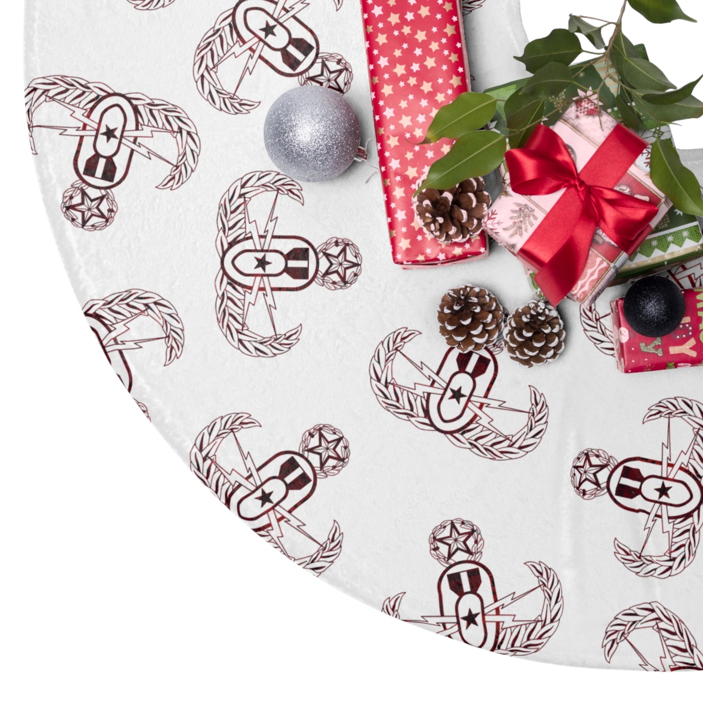 Tree Skirt — "EOD Plaid Badges" (Red on White)