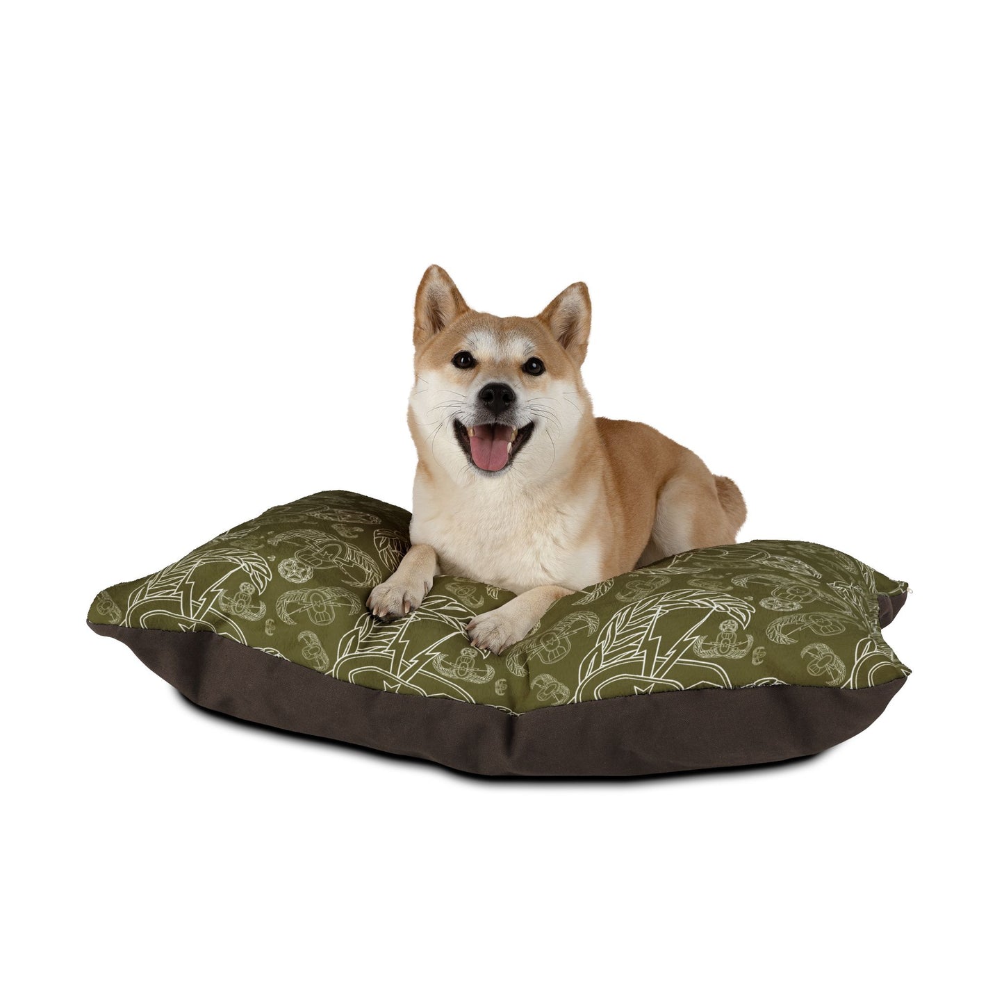 Pet Bed — "EOD Mixed Badges" (White on Olive)