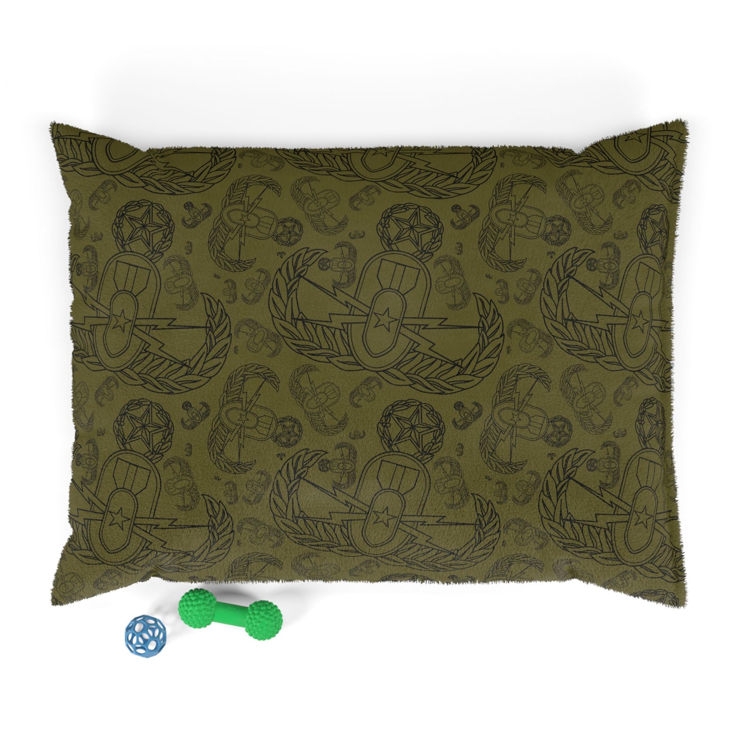 Pet Bed — "EOD Mixed Badges" (Black on Olive)