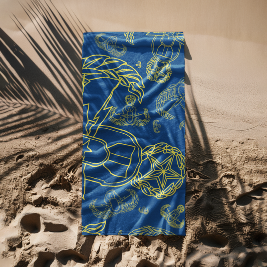 Beach Towel - "EOD Mixed Badges" (Yellow on Blue)