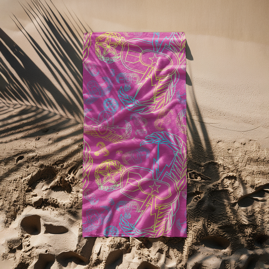 Beach Towel - "EOD Mixed Badges" (Multicolor on Pink)