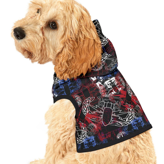 Dog wearing a colorful jacket on a white background