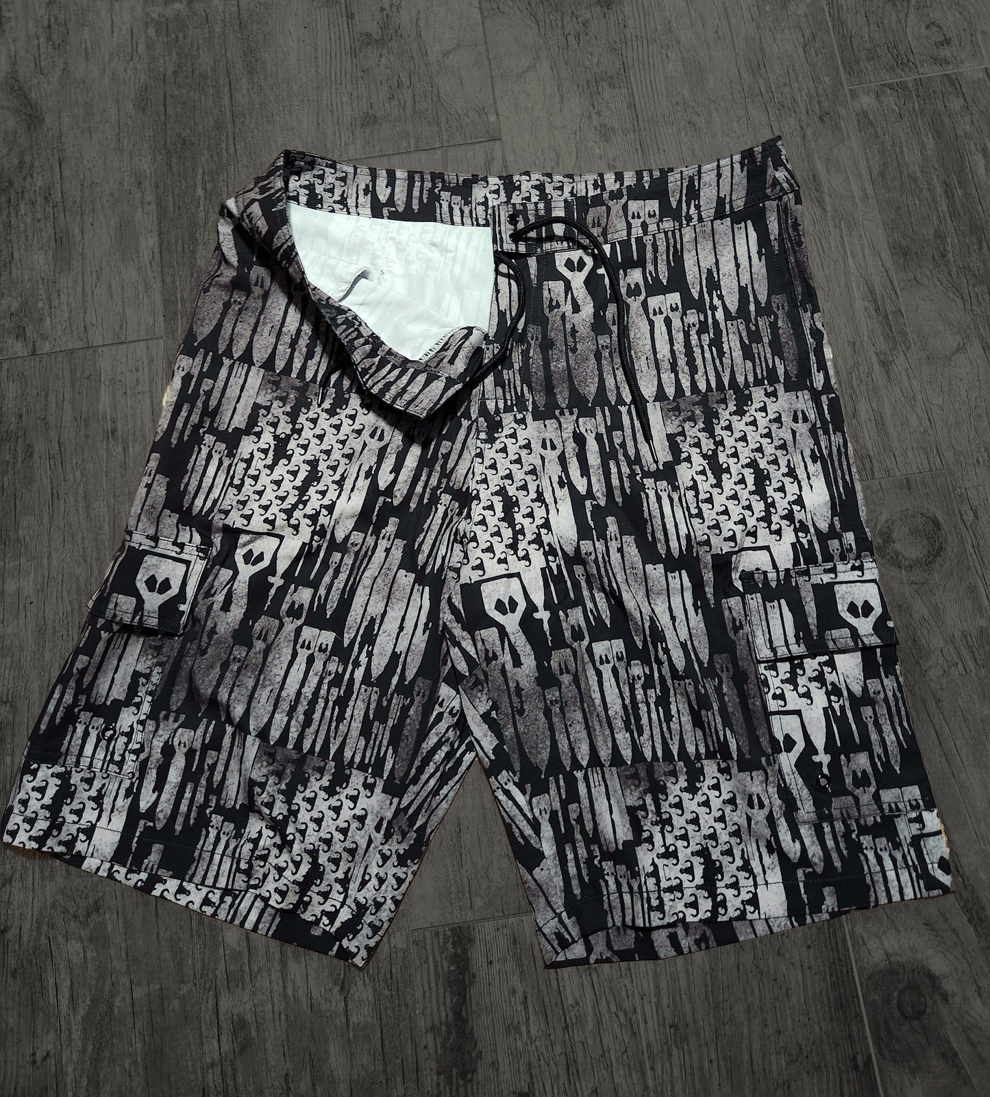 Men's Board Shorts - "EOD Bomb Flag" (Grey on Black)