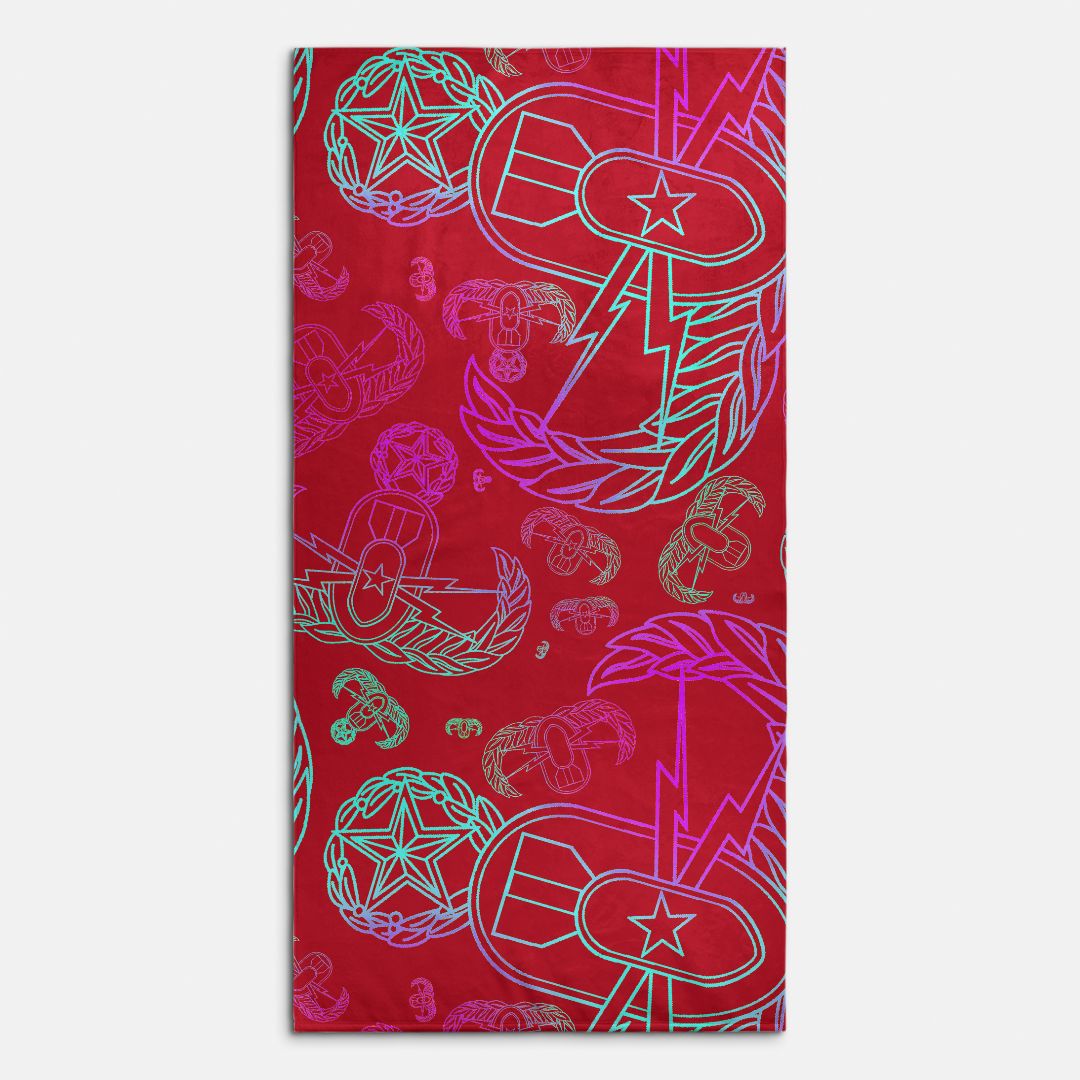 Beach Towel - "EOD Mixed Badges" (Multicolor on Red)