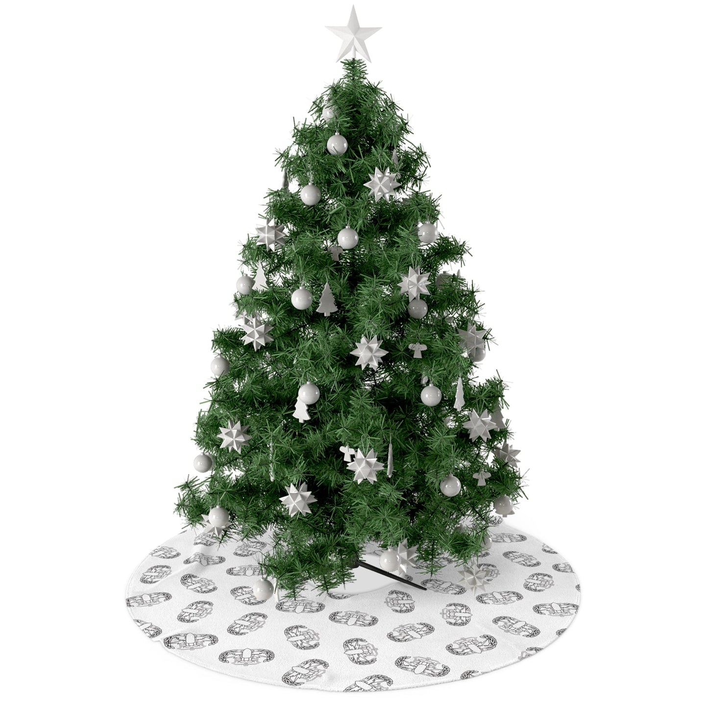 Decorated Christmas tree with white ornaments on a white background