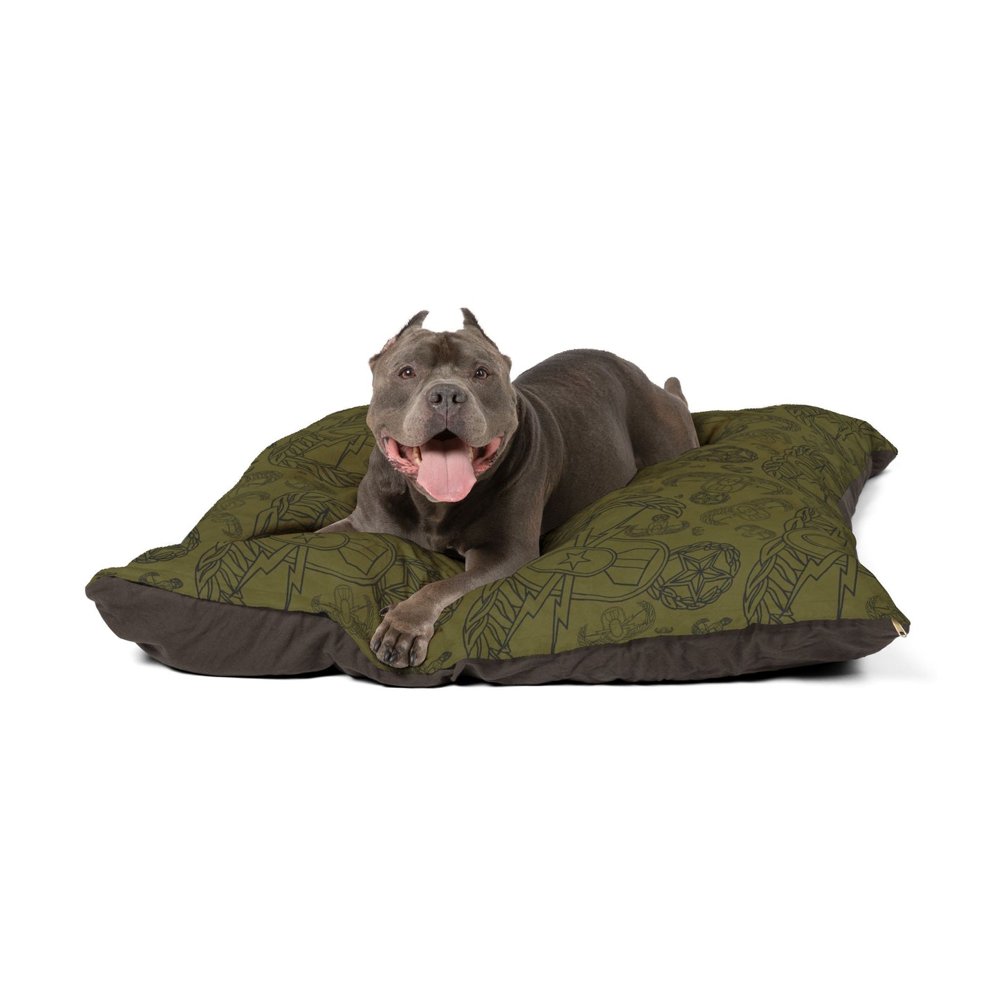 Pet Bed — "EOD Mixed Badges" (Black on Olive)