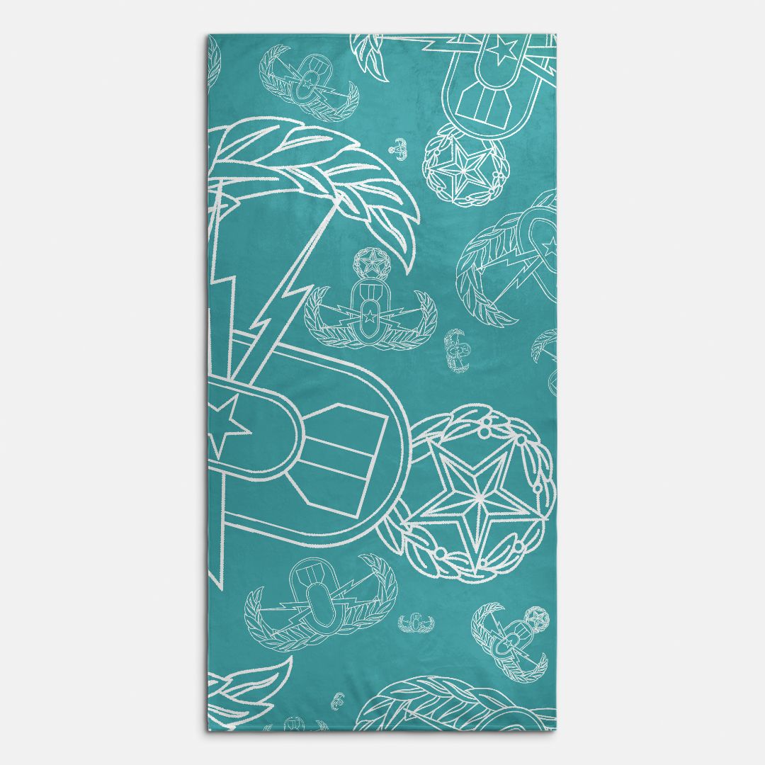 Beach Towel - "EOD Mixed Badges" (White on Turquoise)