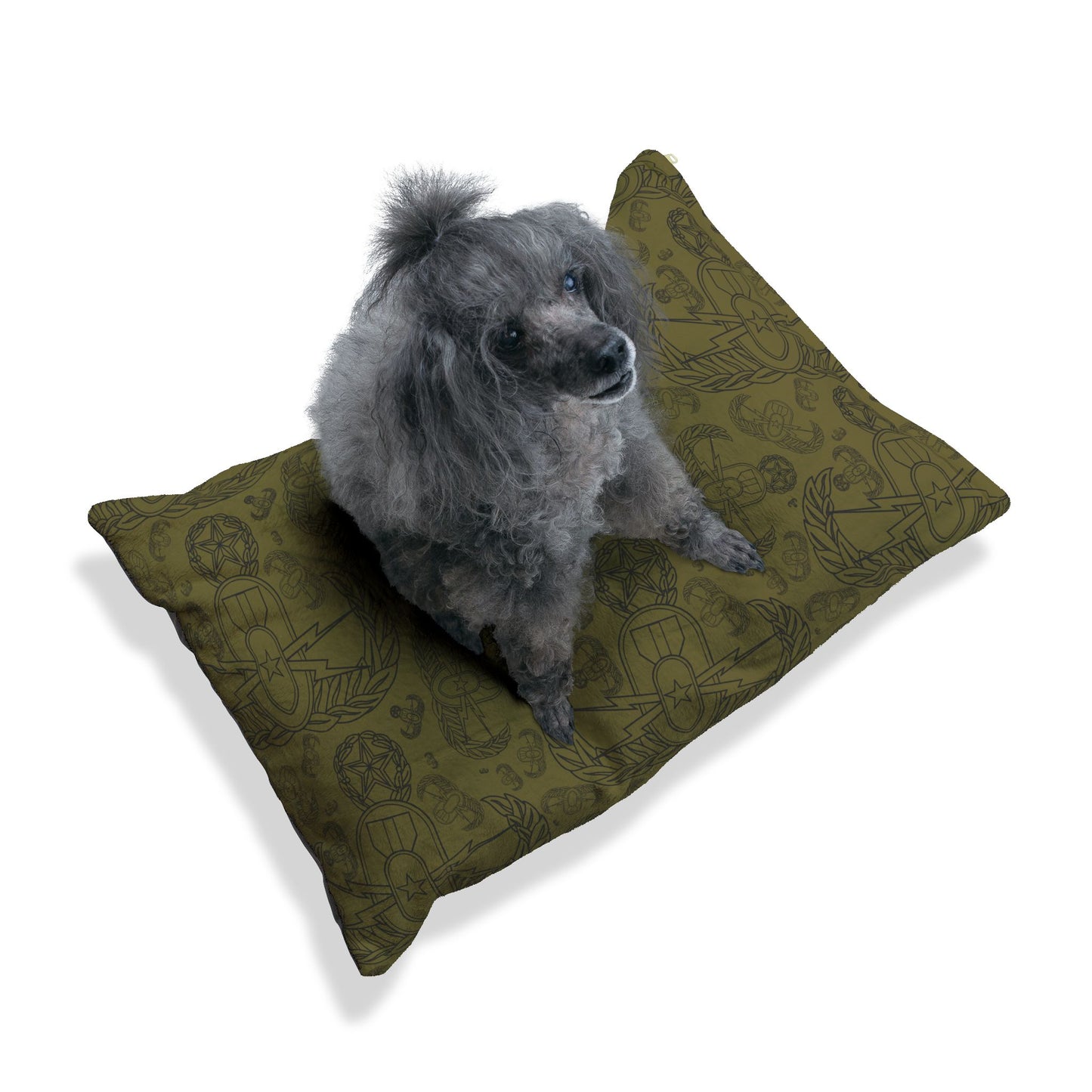 Pet Bed — "EOD Mixed Badges" (Black on Olive)