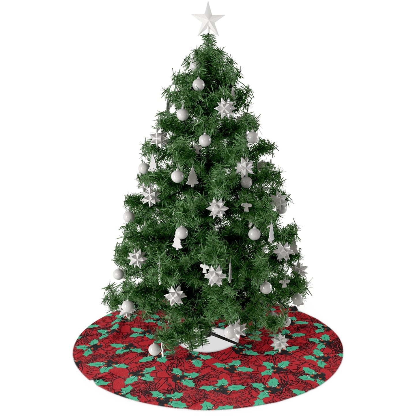 Decorated Christmas tree with a red and green patterned base on a white background