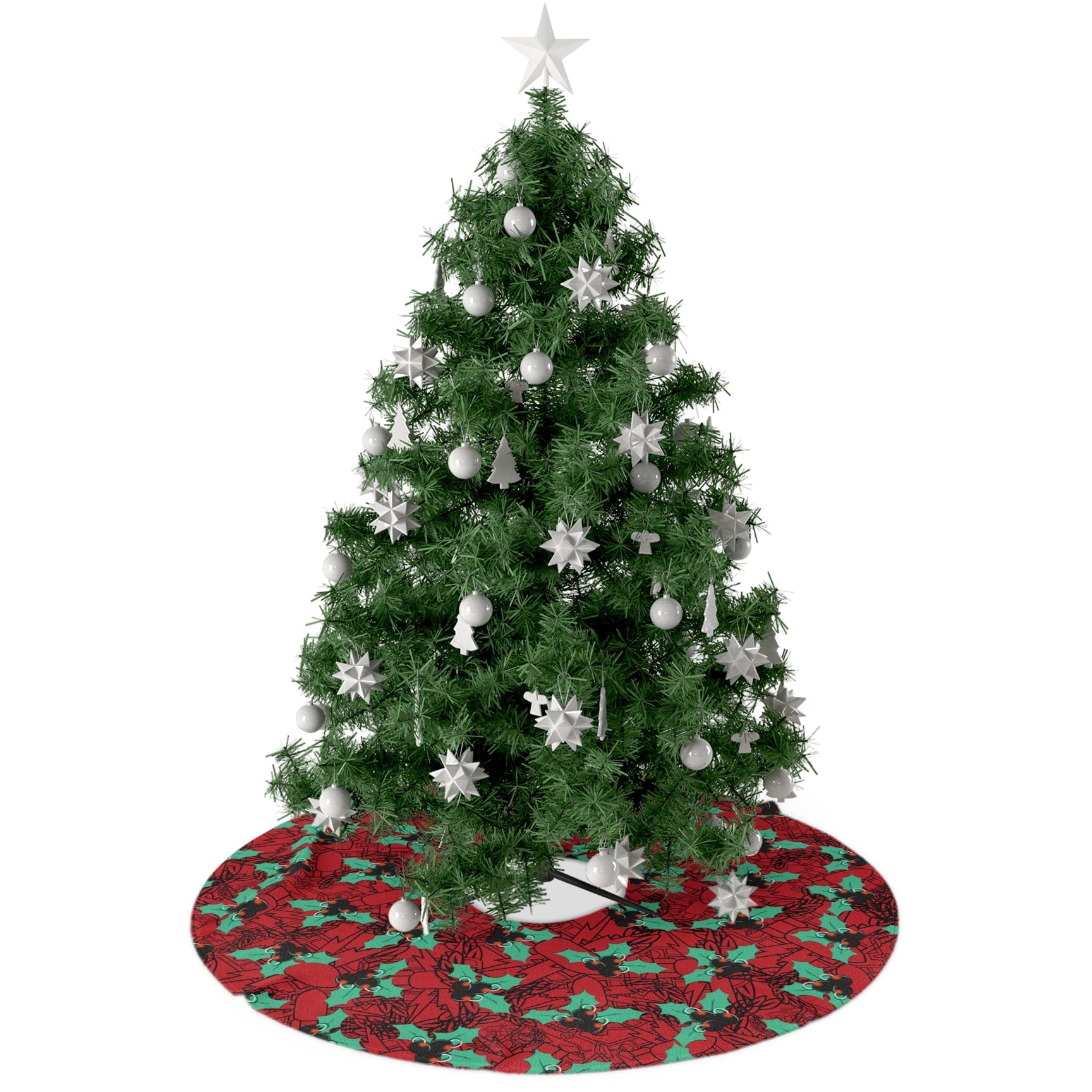 Decorated Christmas tree with a red and green patterned base on a white background
