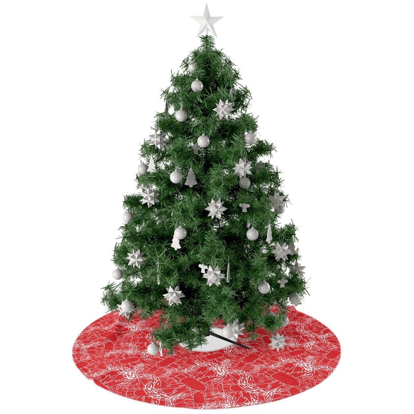 Decorated Christmas tree with a red and white patterned base on a white background