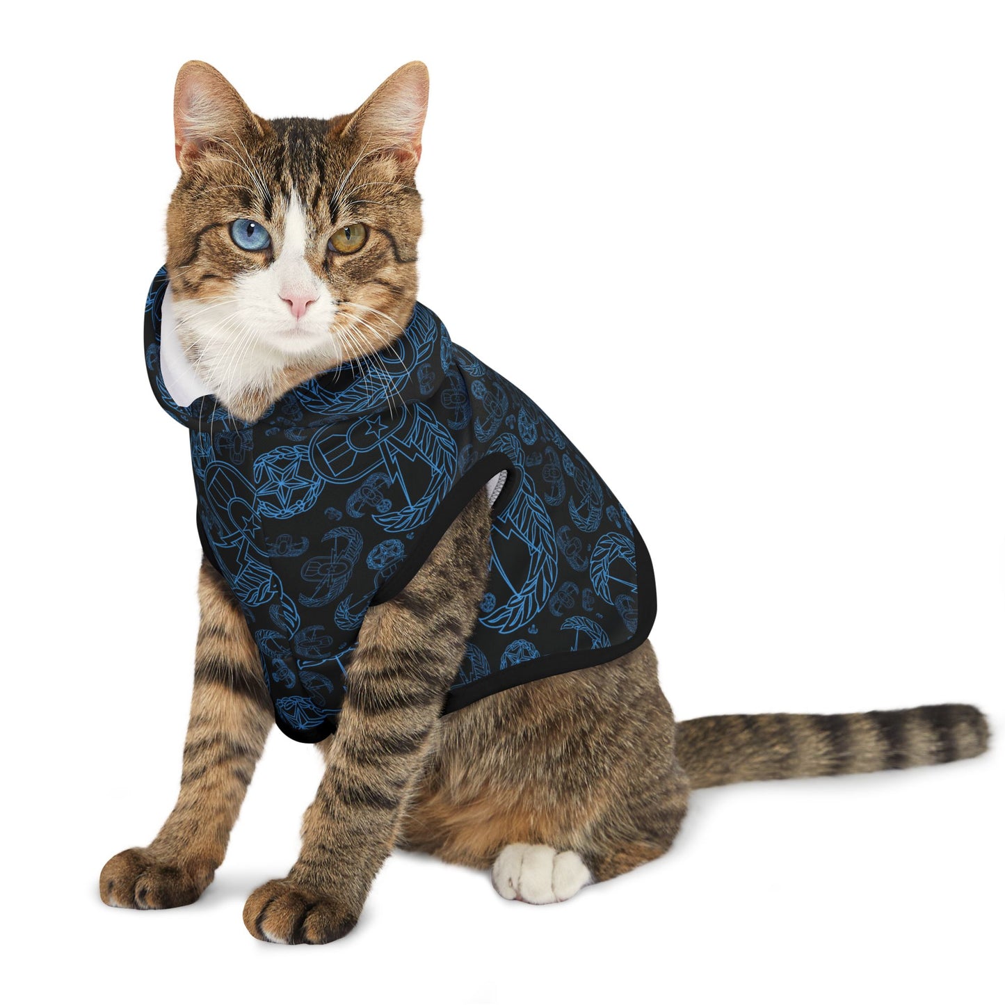 Pet Hoodie — "EOD Mixed Badges" (Blue on Black)