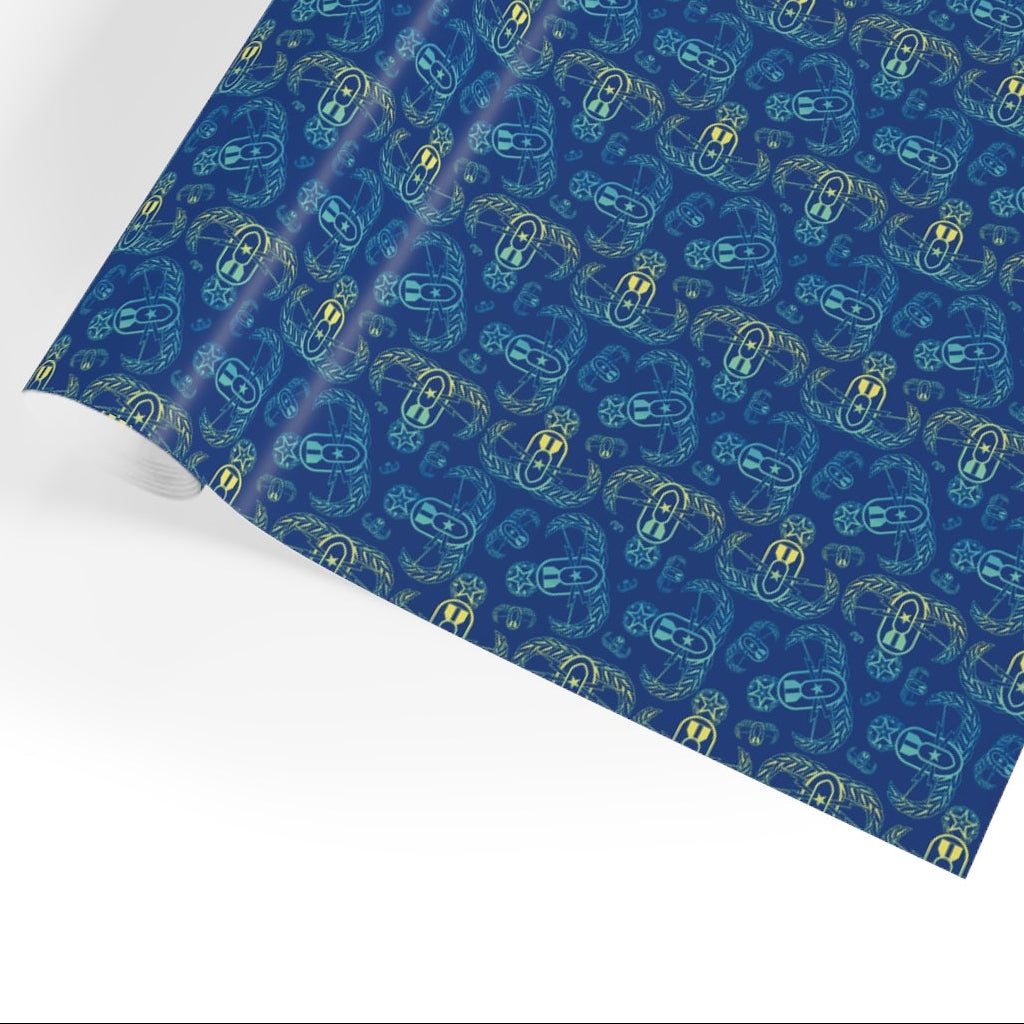 Roll of blue wrapping paper with a pattern on a white background