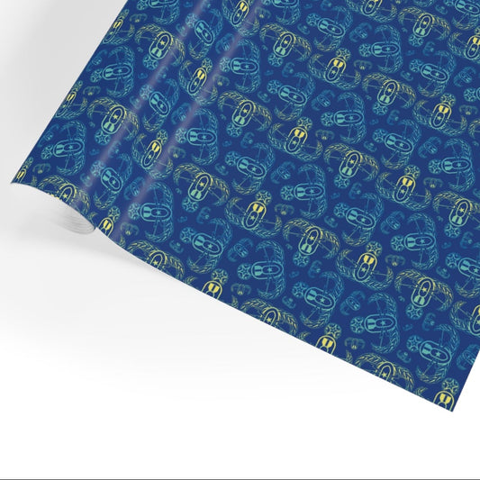 Roll of blue wrapping paper with a pattern on a white background