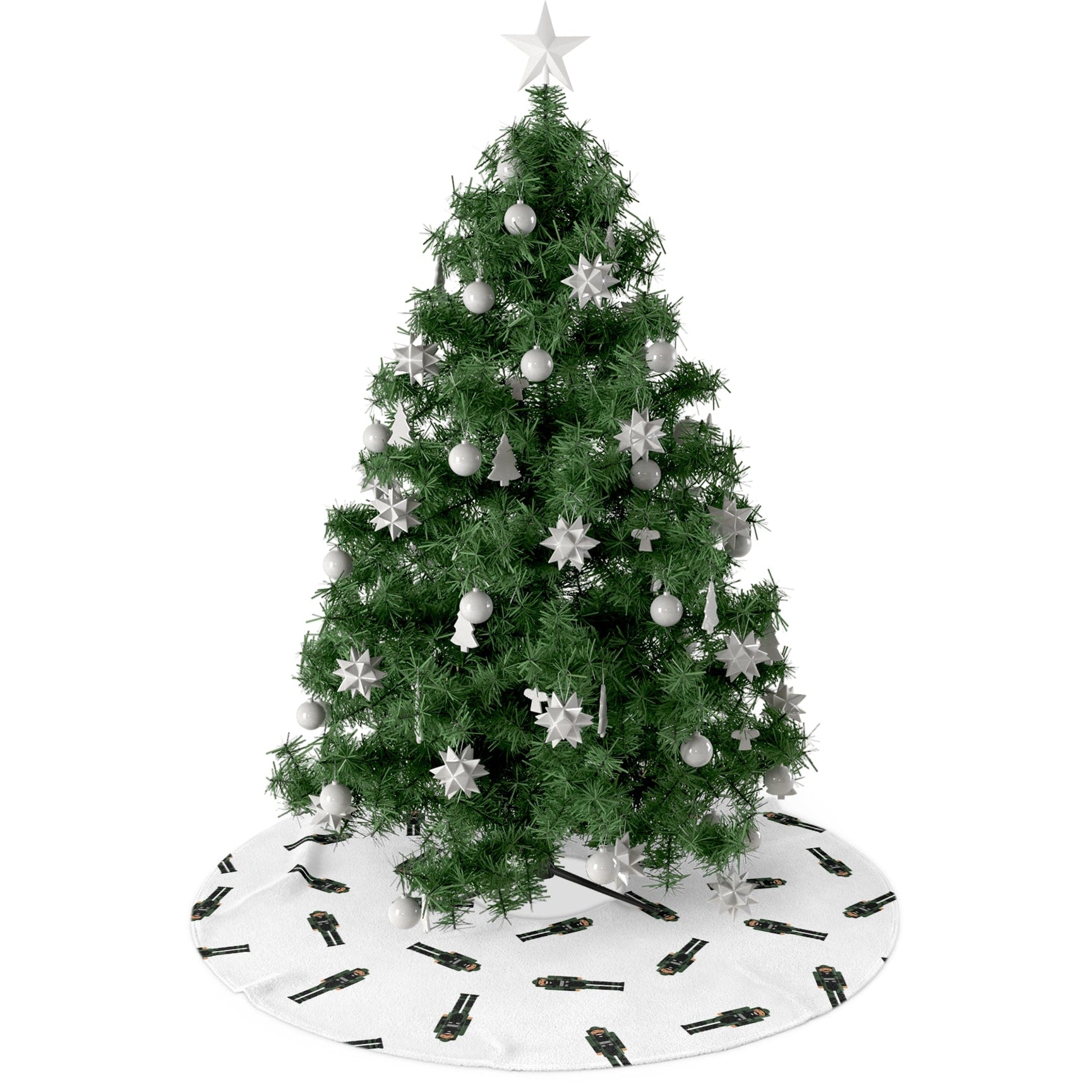 Decorated Christmas tree with white ornaments on a white background