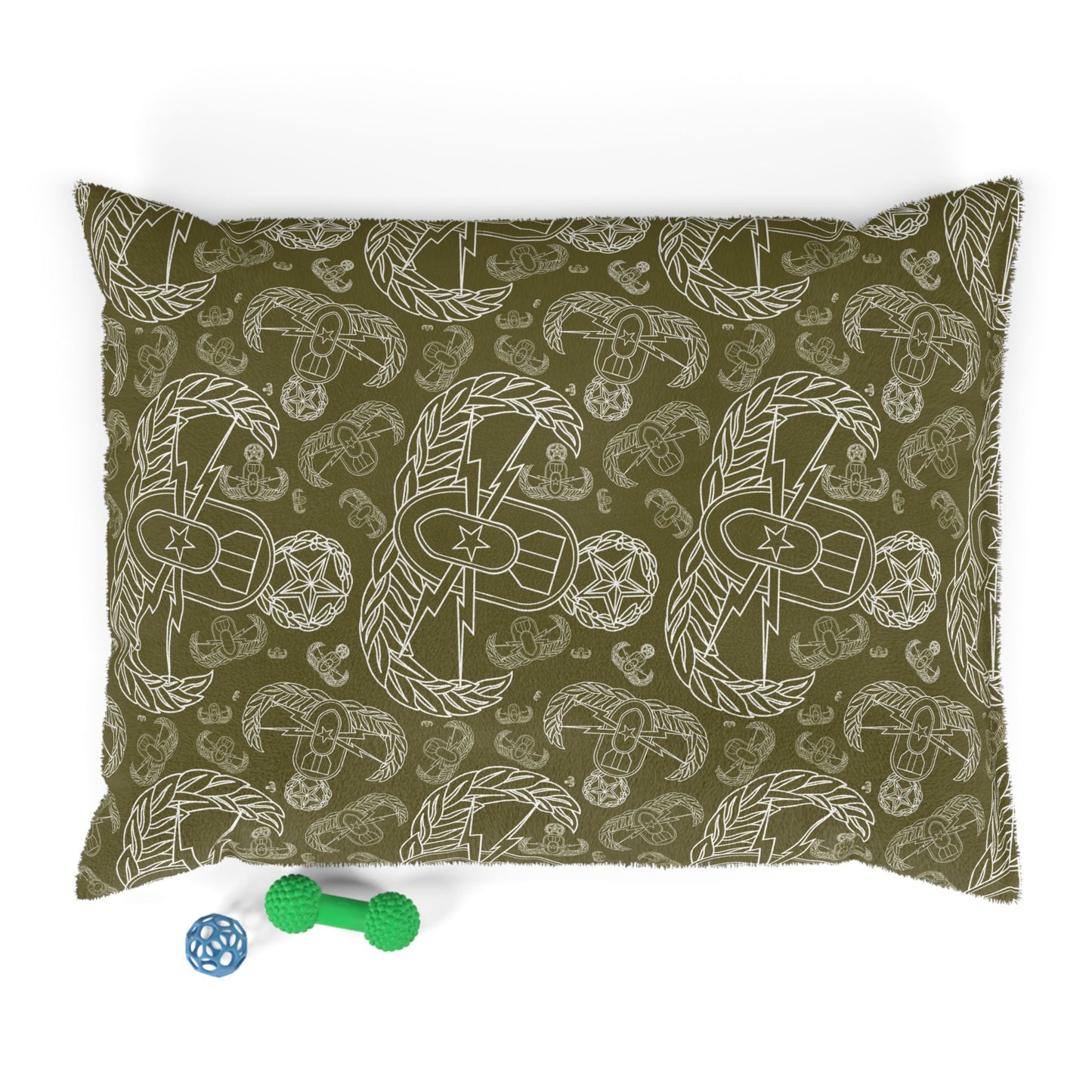 Pet Bed — "EOD Mixed Badges" (White on Olive)