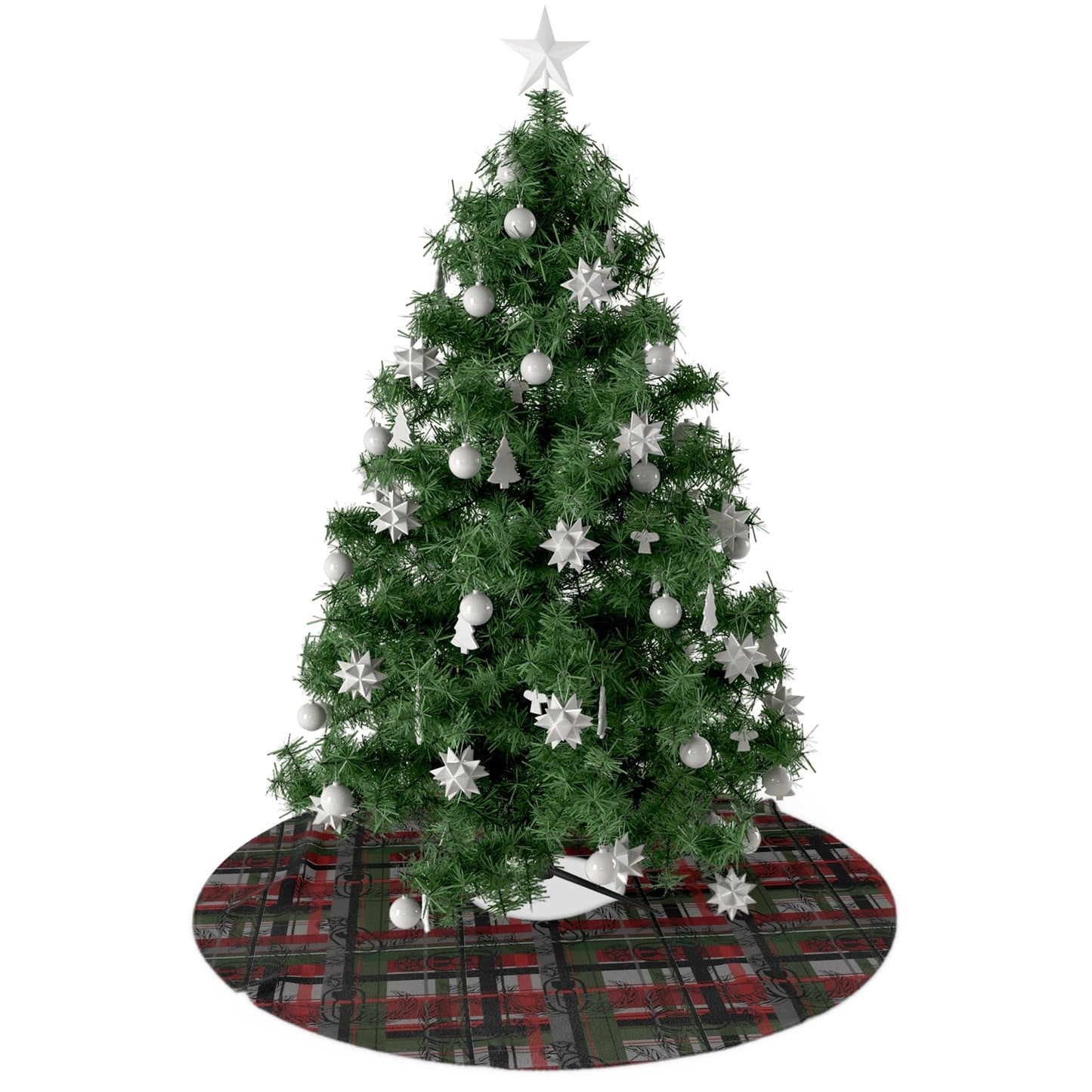 Decorated Christmas tree with a tartan base on a white background