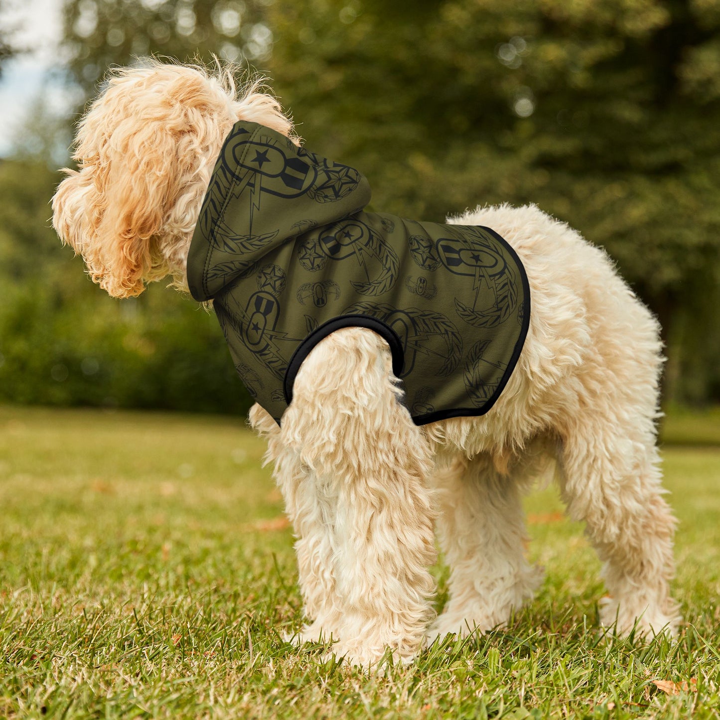Pet Hoodie — "EOD Badges x 3" (Black on Olive)