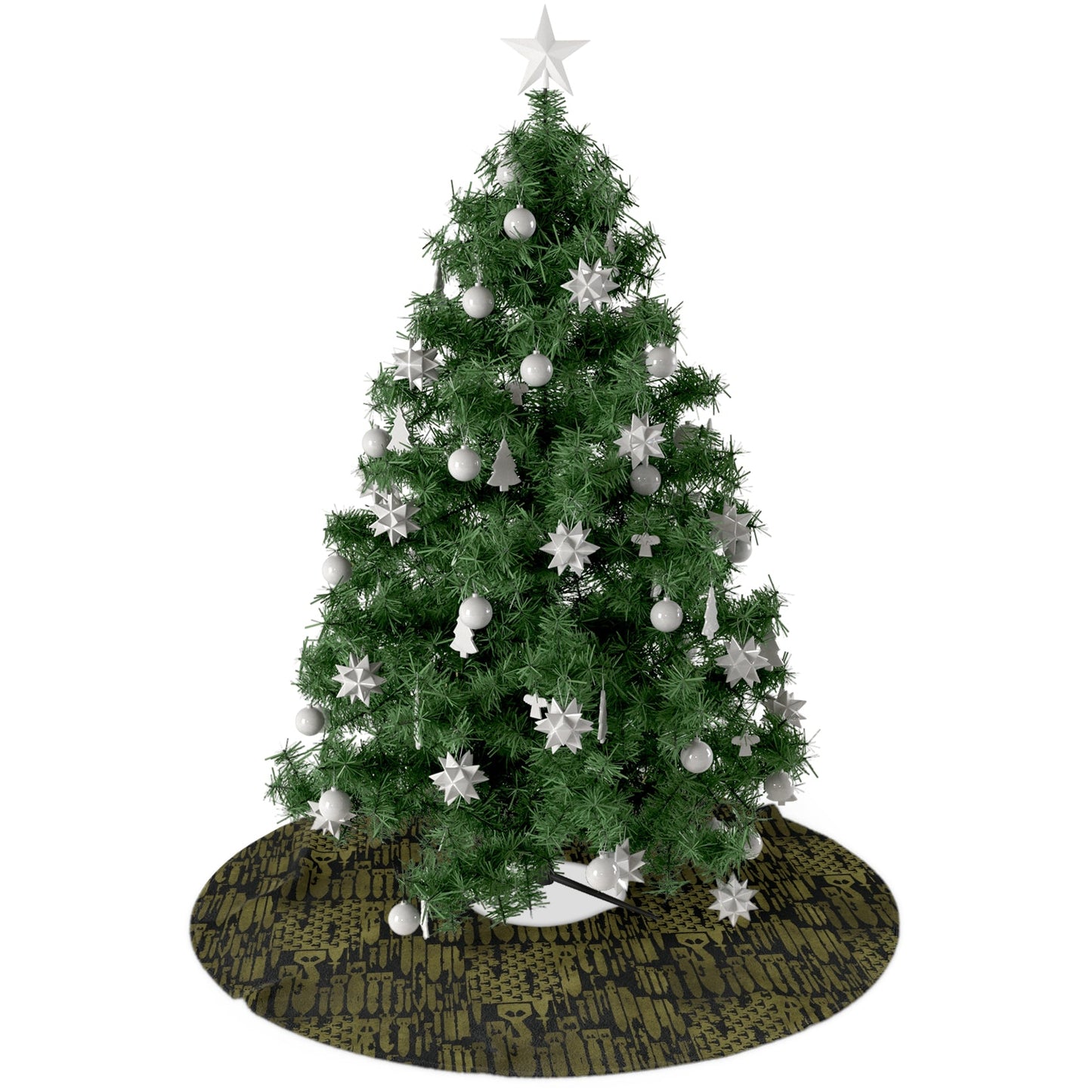 Decorated Christmas tree with white ornaments on a white background