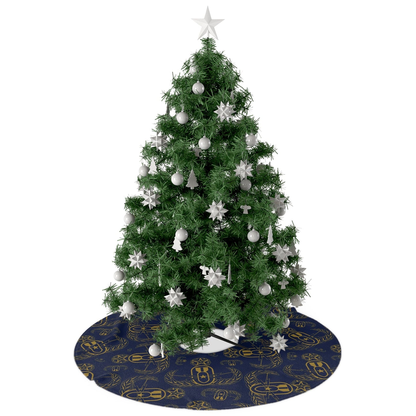 Decorated Christmas tree with a blue tree skirt on a white background