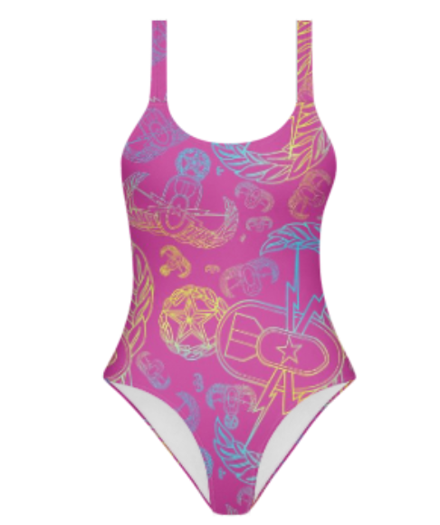 Misses One-Piece Swimsuit - "EOD Mixed Badges" (Multicolor on Pink)