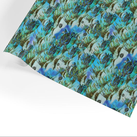 Roll of fabric with a blue and green pattern on a white background