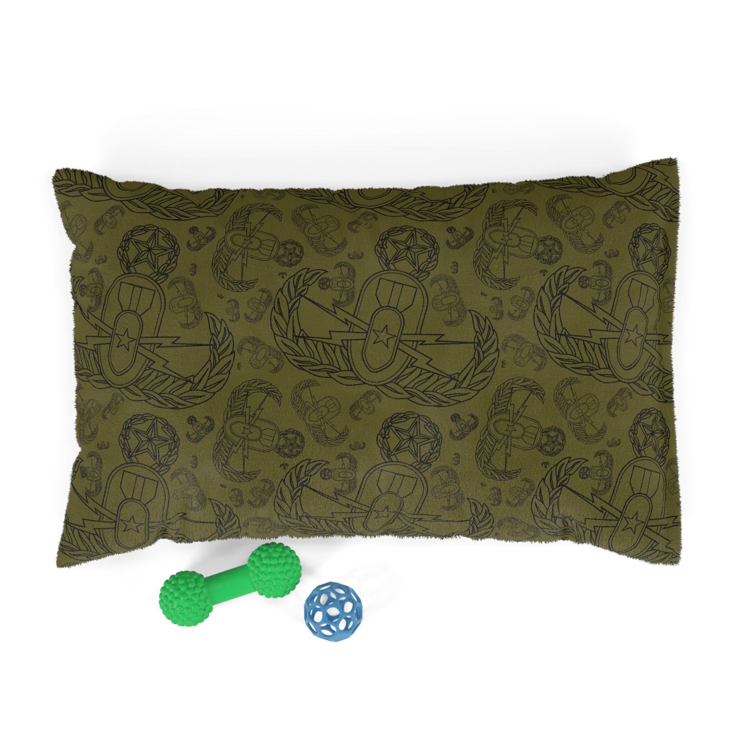 Pet Bed — "EOD Mixed Badges" (Black on Olive)