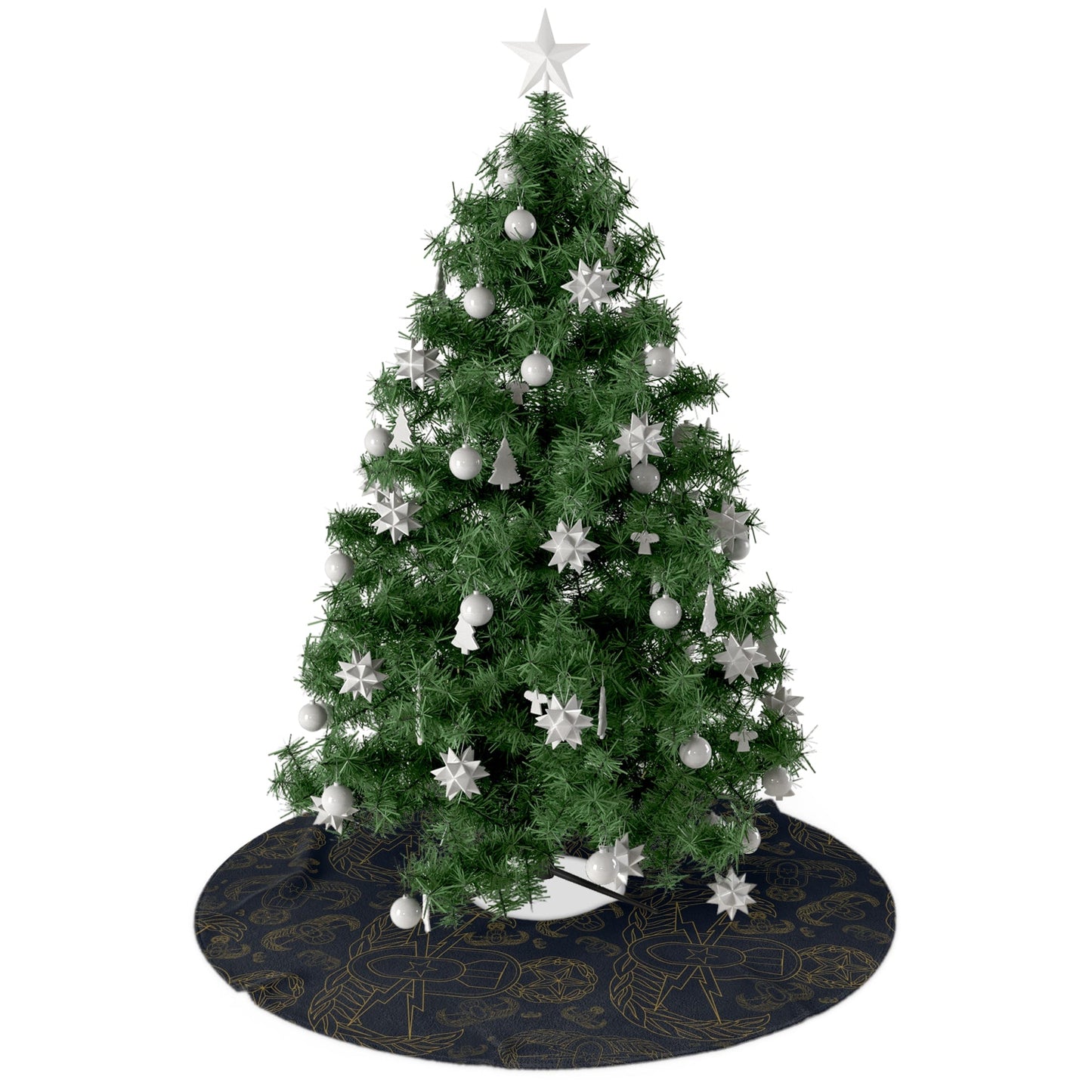 Decorated Christmas tree with white ornaments on a white background