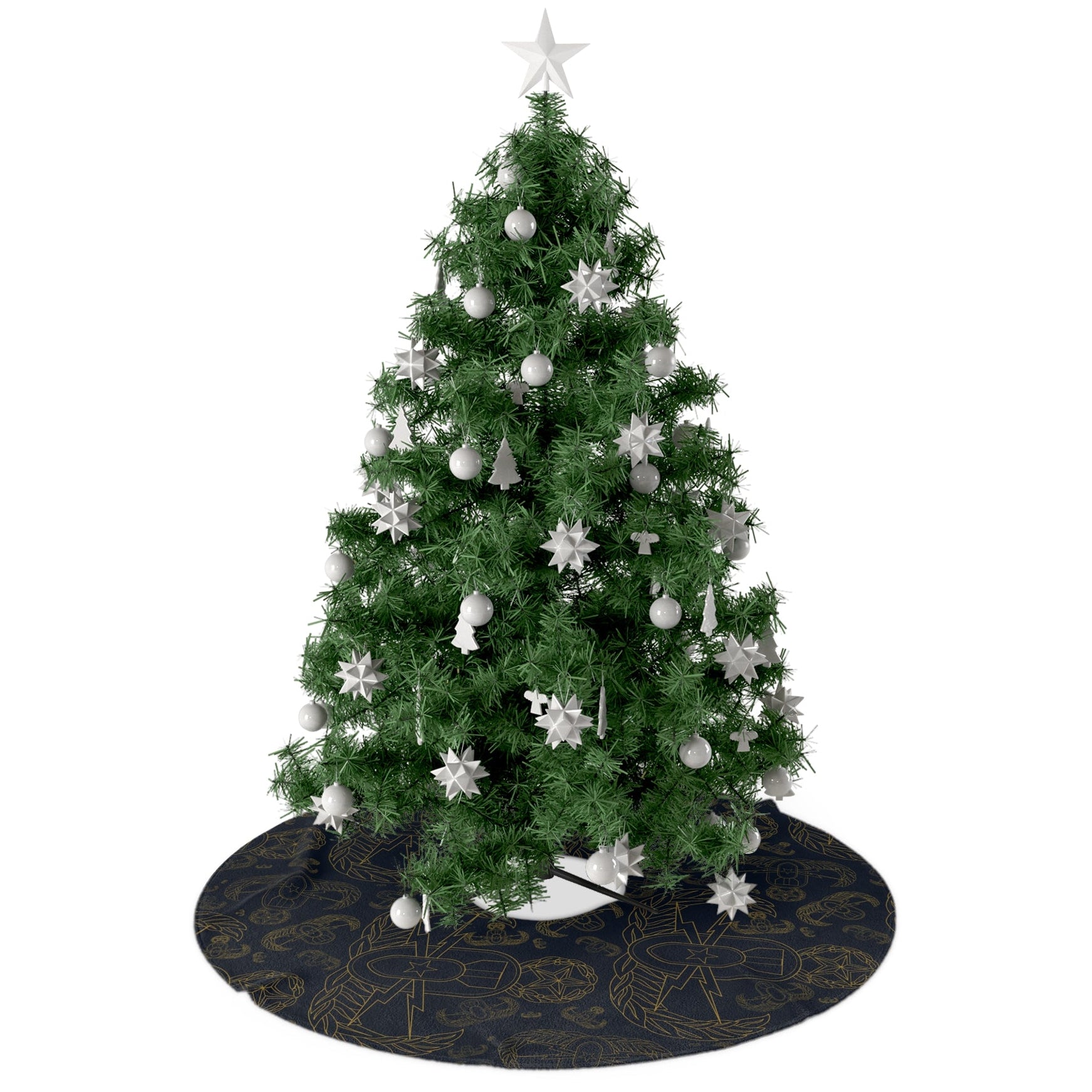Decorated Christmas tree with white ornaments on a white background