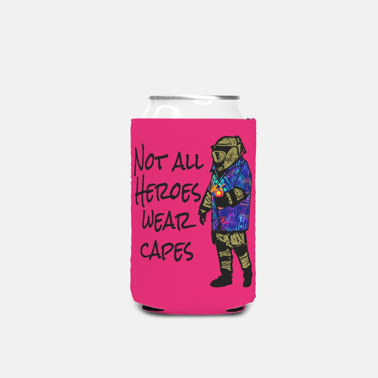 Pink can cooler with a graphic design and text on a white background