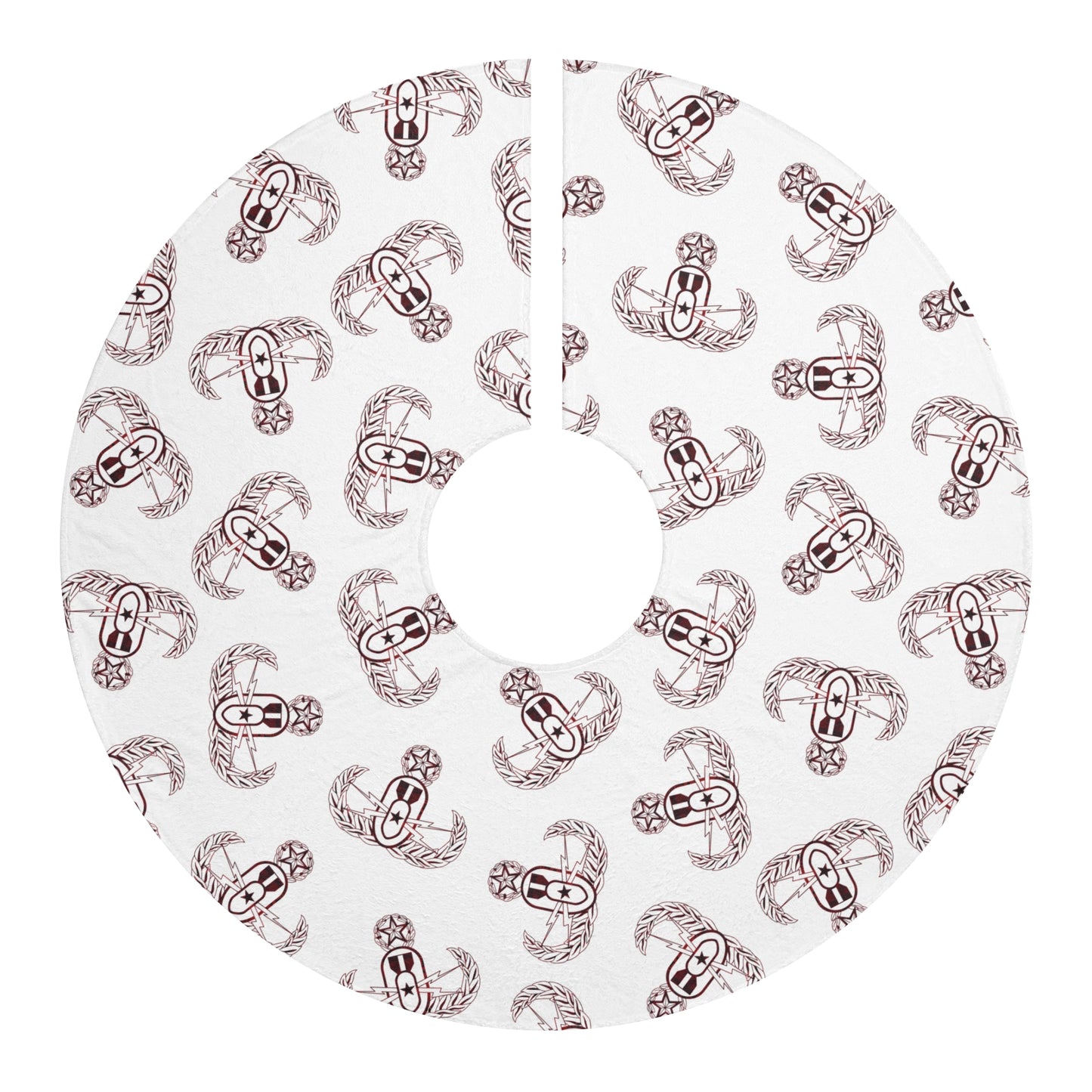 Tree Skirt — "EOD Plaid Badges" (Red on White)