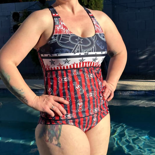 Pre-Order: EOD Stars and Stripes Reversible Two Piece Tankini Swimsuit (Red, White, and Blue)