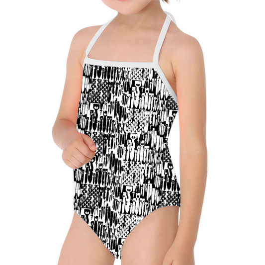 Girls' One-Piece Swimsuit - "EOD Bomb Flag" (Black & White)