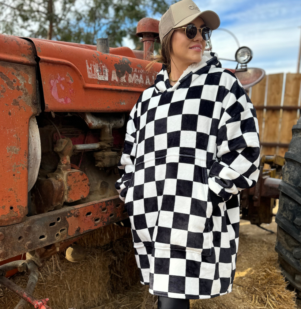 Oversized Sherpa Hooded Blanket (Adult) - "Checkered Flag"