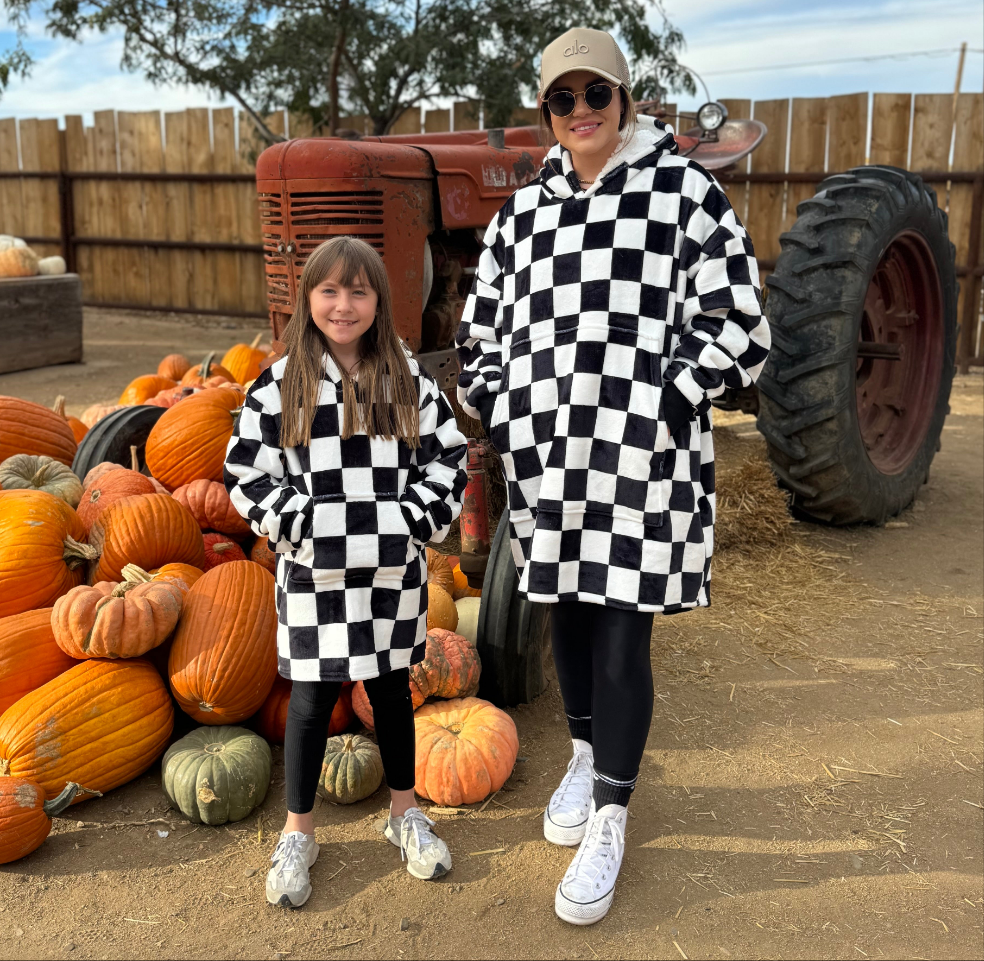 Oversized Sherpa Hooded Blanket (Adult) - "Checkered Flag"