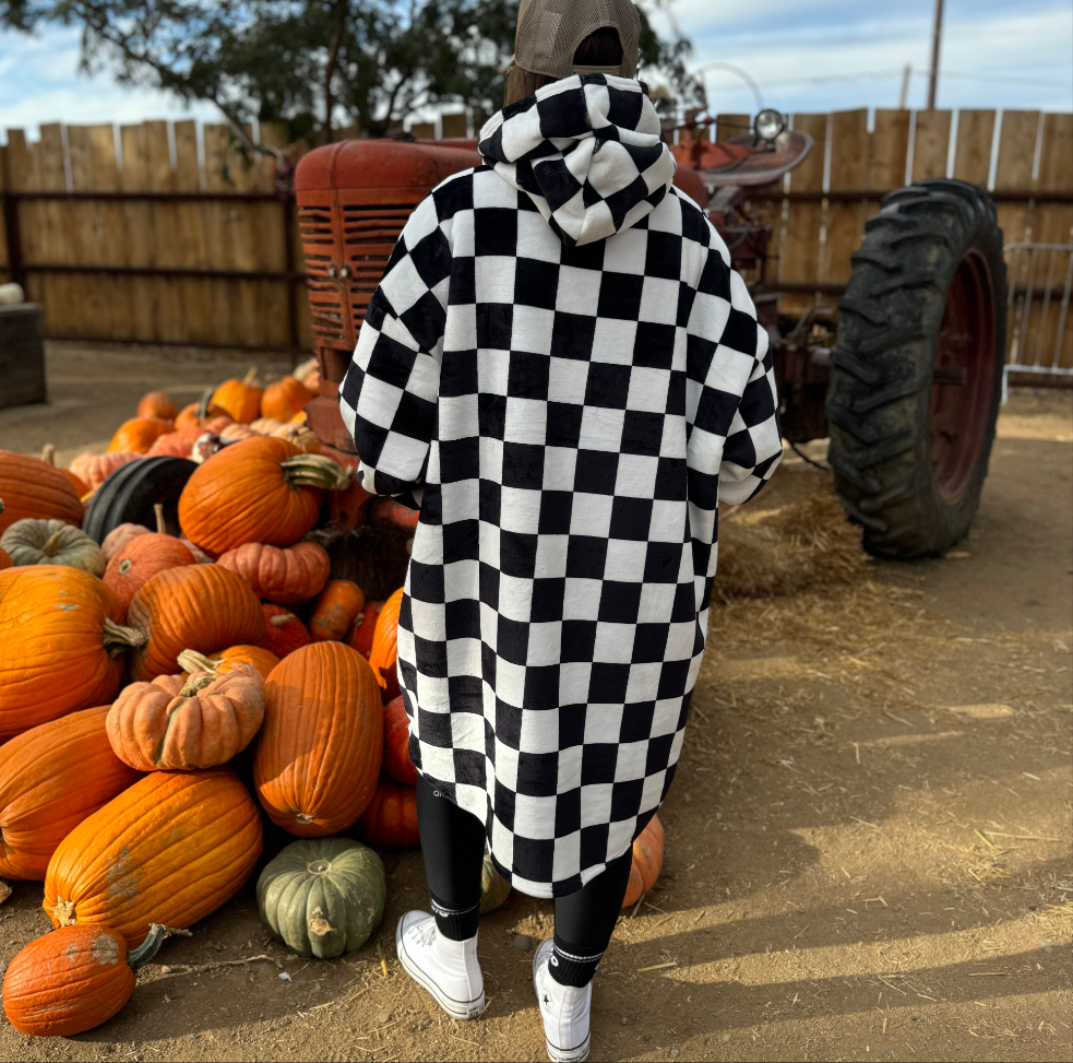 Oversized Sherpa Hooded Blanket (Adult) - "Checkered Flag"
