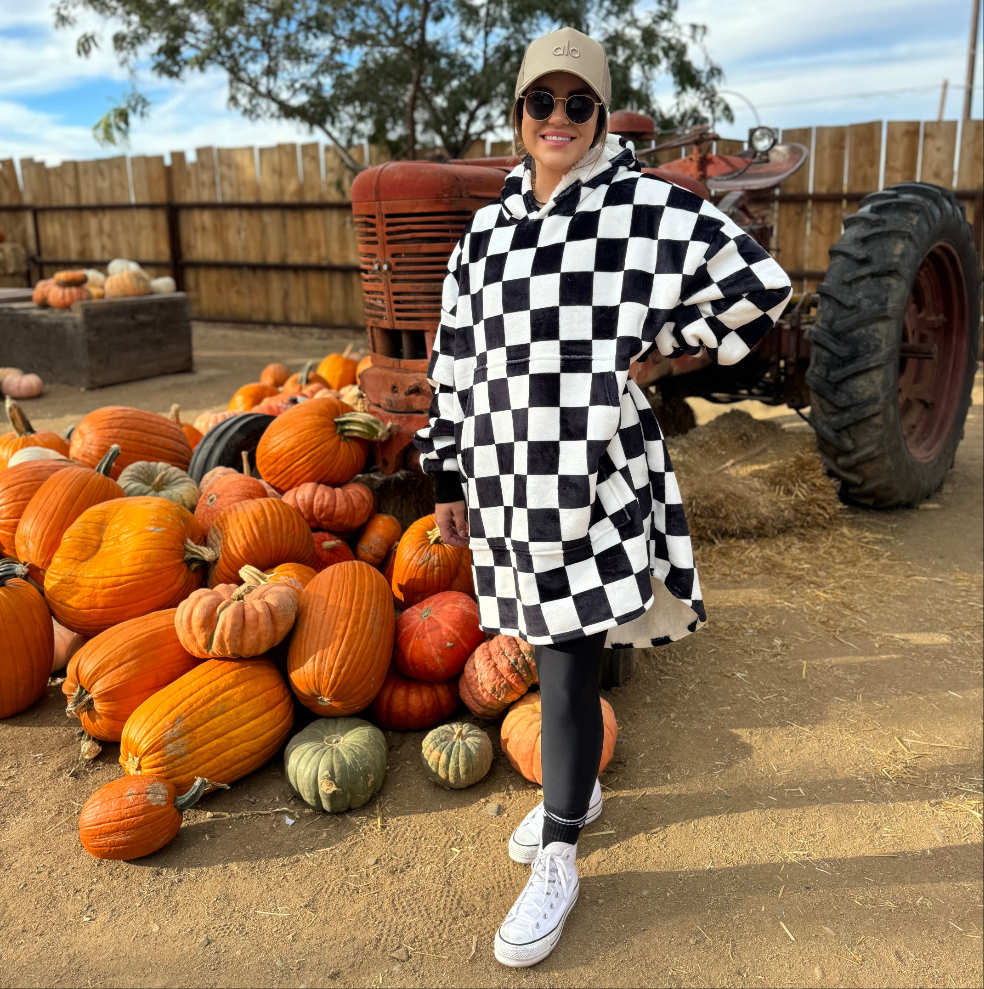 Oversized Sherpa Hooded Blanket (Adult) - "Checkered Flag"
