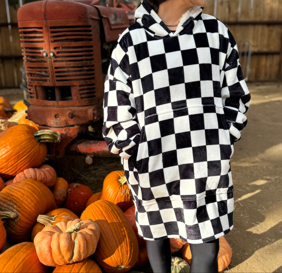 Oversized Sherpa Hooded Blanket (Adult) - "Checkered Flag"