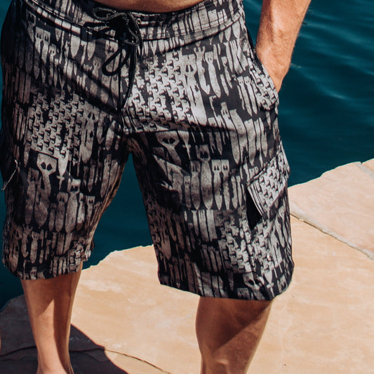Men's Board Shorts - "EOD Bomb Flag" (Grey on Black)
