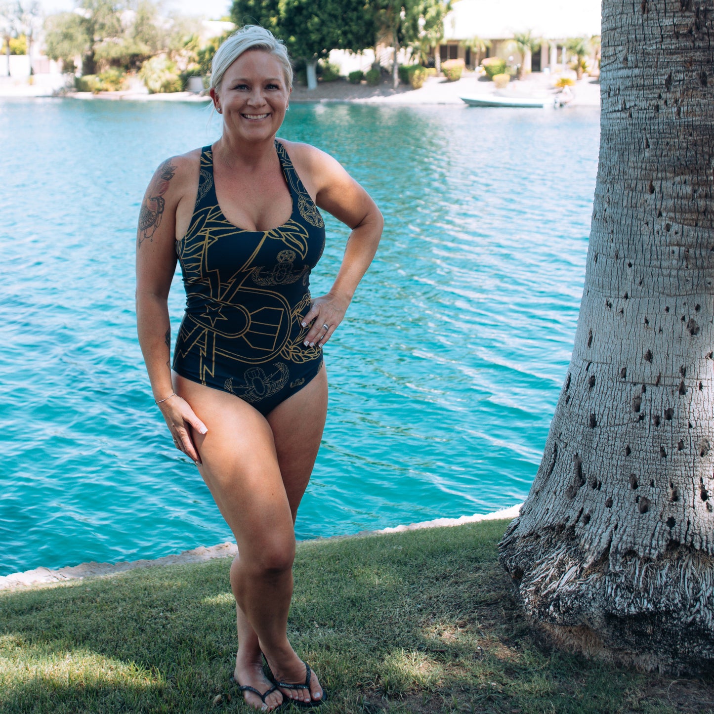 Women's Reversible One-Piece Swimsuit - "EOD Bomb Flag"(Gold and Navy)