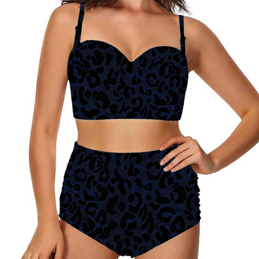 Women's Retro Two-Piece - "Leopard Print" (Dark Blue)