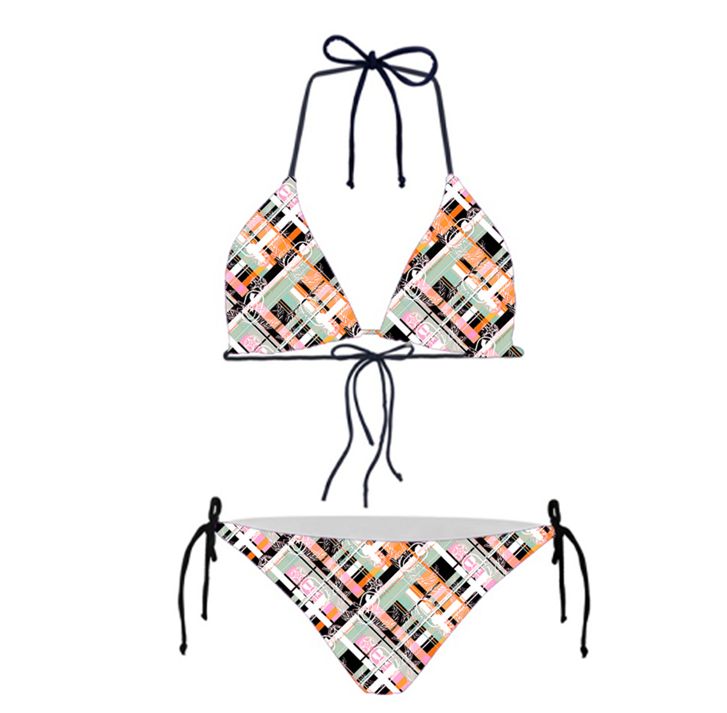 Women's String Bikini Style 2 - "EOD Diagonal Plaid" (Pink/Orange/Sage)