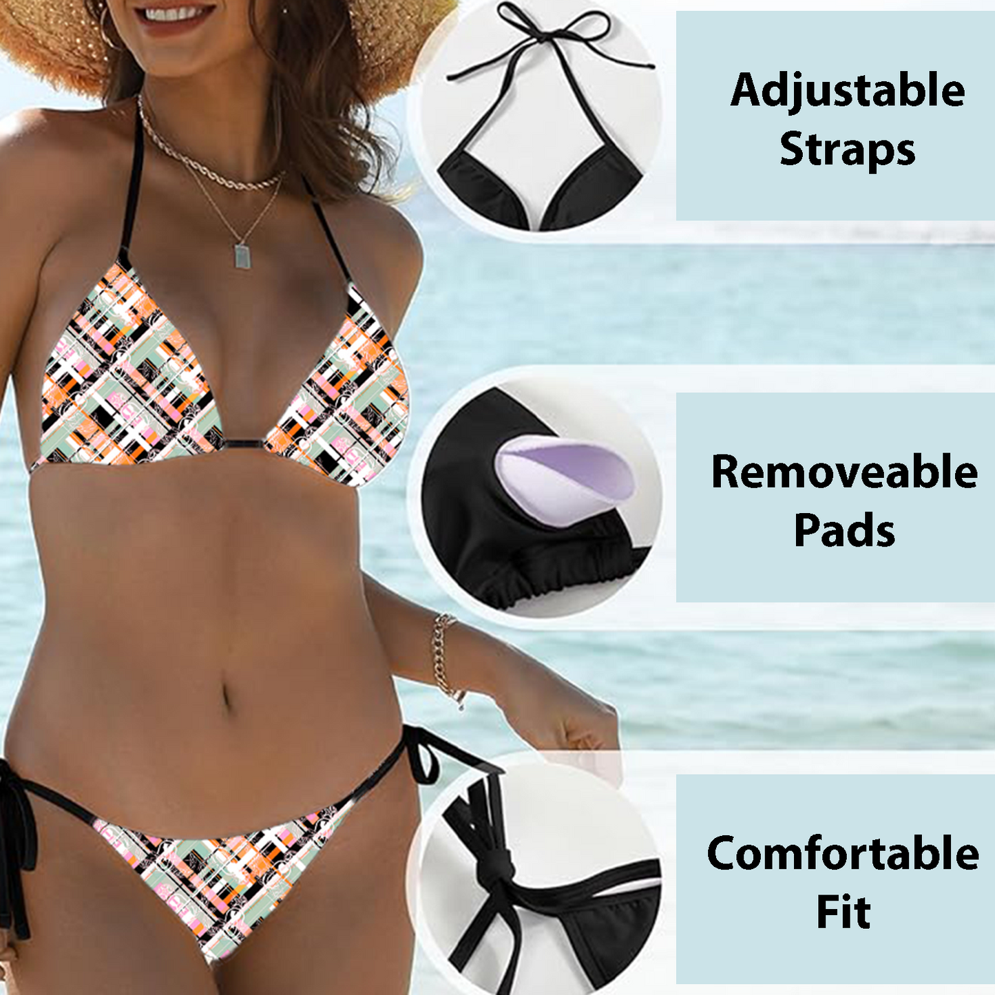 Women's String Bikini Style 2 - "EOD Diagonal Plaid" (Pink/Orange/Sage)
