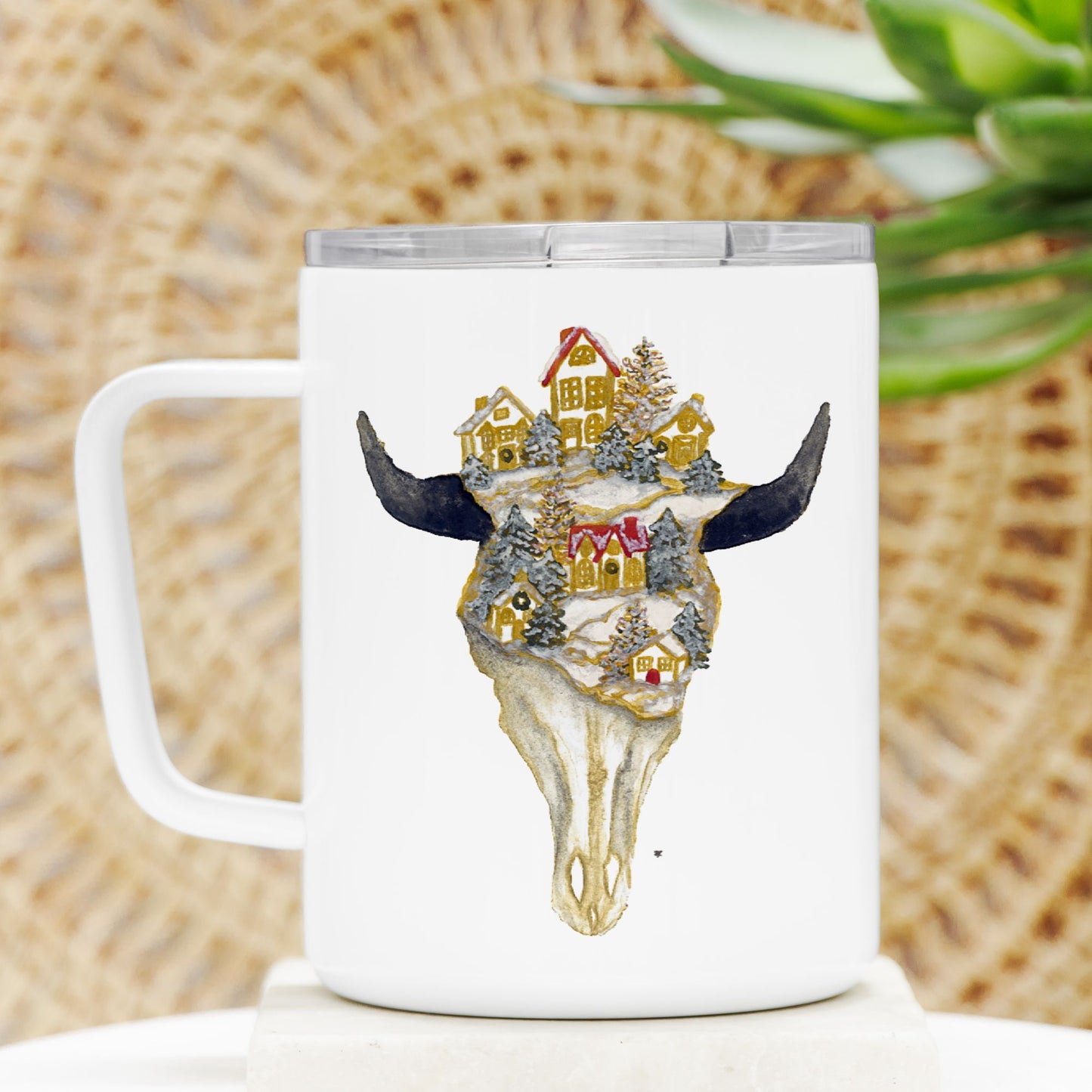 Travel Mug - "Christmas Village Skull"