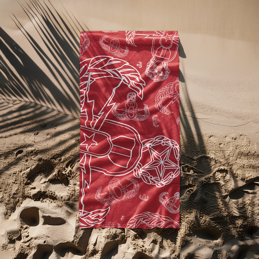 Beach Towel - "EOD Mixed Badges" (White on Red)