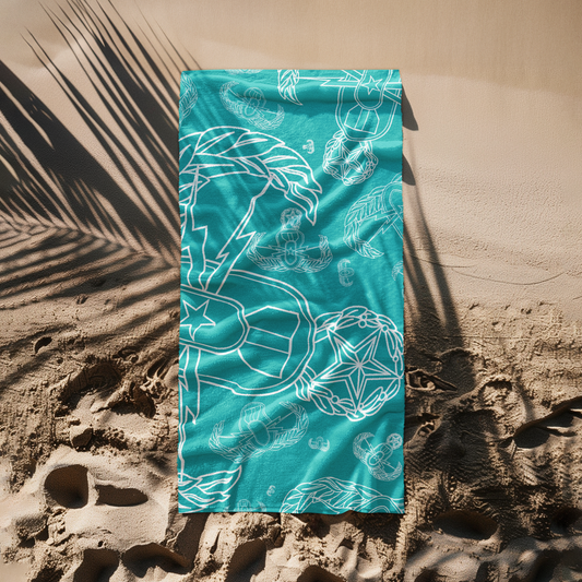Beach Towel - "EOD Mixed Badges" (White on Turquoise)