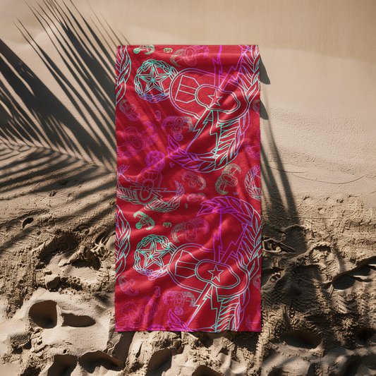 Beach Towel - "EOD Mixed Badges" (Multicolor on Red)